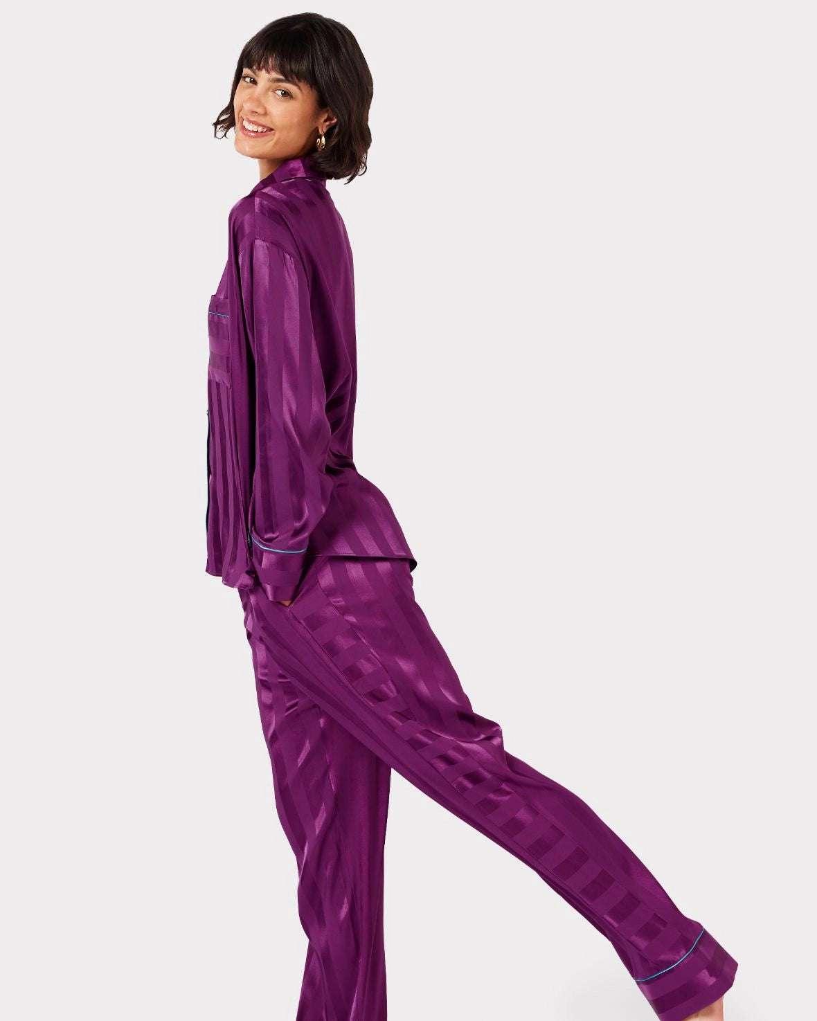 Satin Purple Striped Long PJ Set