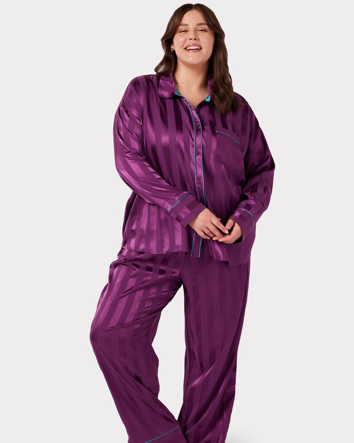 Satin Purple Striped Long PJ Set