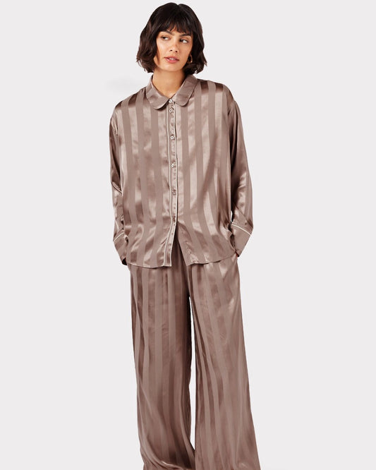 Satin Beige Striped Long PJ Set